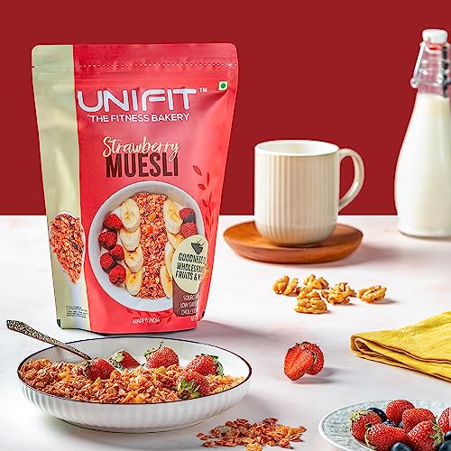 Image of UNIFIT Strawberry Muesli | 375g Pack of Antioxidant-Rich Strawberry Bliss | Healthy, Crunchy, and Instant Breakfast Delight!
