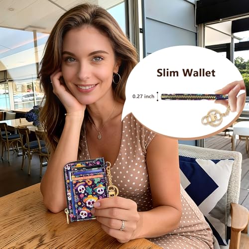 Image of GIANCOMICS Slim Wallet Credit Card Holder Women, Sugar Skull Rfid Blocking Small Card Case, Keychain Thin Pocket Curved Zipper Wallet, Travel Card Holder PU Leather ID Window, Ladies Female Gifts