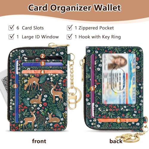 Image of GIANCOMICS Slim Wallet Credit Card Holder Women, Cute Deer Rfid Blocking Small Card Case, Keychain Thin Pocket Curved Zipper Wallet, Travel Card Holder PU Leather ID Window, Ladies Female Gifts