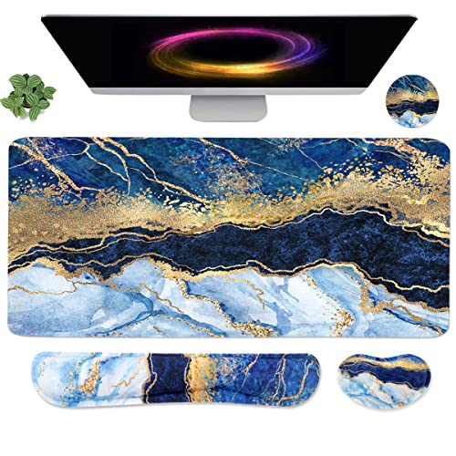 Image of 4-in-1 Large Gaming Mouse Pad, Keyboard Wrist Rest Pad & Wrist Support Mousepad Set, Extended Desk Pad Waterproof Desk Mat for Home Office Study Game - Blue Gold Marble