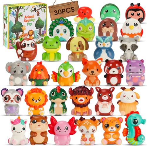 YESCOO 30 Pcs Party Favors Kids, Animal Squishy Toys for Goodie Bag Stuffers, Pinata Stuffers, Birthday & Back to School Gifts, Treasure Box Prizes for Classroom, Small Gifts Party Bags