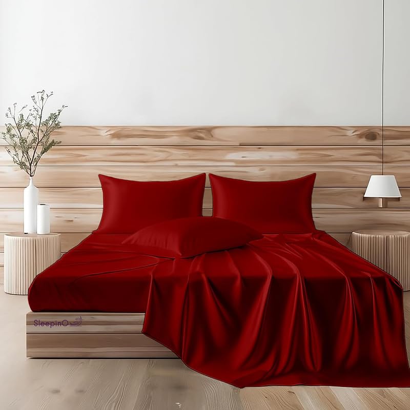Image of Premium Satin Single Bed (60x90 Inchs) with 1 Pillow Cover Bedsheet Ultra Soft & Silky Smooth, Breathable Cooling Fabric, Luxury Glossy Finish|Crimson Burgundy
