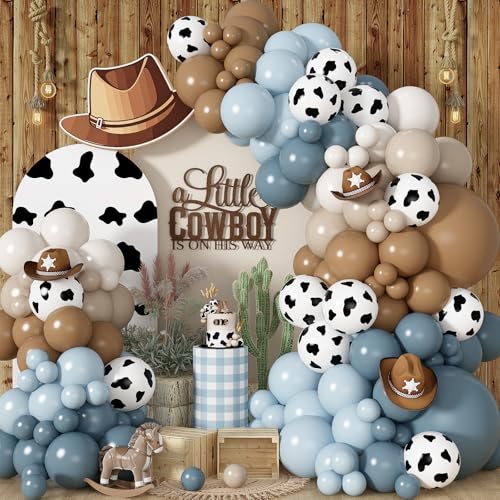 Cowboy Western Balloon Arch Kit Dusty Blue Brown Double Stuffed Sand White Balloon Garland with Cow Print Balloons for Boys Western Cowboy Theme Birthday First Rodeo Baby Boy Shower Party Decorations
