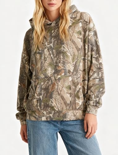 Image of Dsewpaur Camo Hoodie For Women Oversized Long Sleeve Drop Shoulder Fleece Hooded Sweatshirt Pullover With Pocket Outfits
