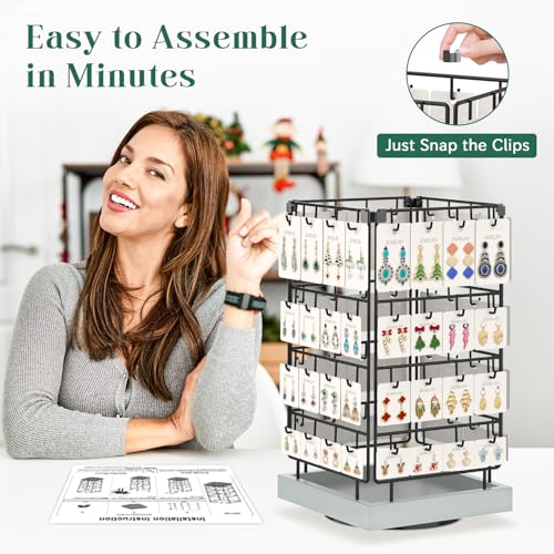 Image of EsLuker.ly Rotating Earring Display Holder Stand for Vendors Events Selling, Large Capacity 64 Hooks Jewelry Rack with Wooden Base for Earring Card Sales, Enhances Retail Visibility (Light Grey)