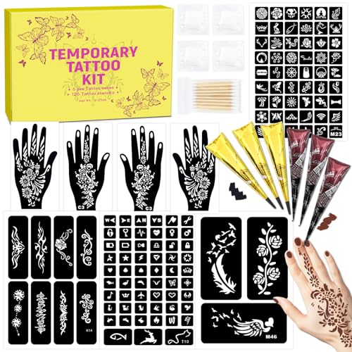 MuseLuxe 126 PCS Temporary Tattoos Stencils Kit,Temporary Tattoos Kit - 6 Pcs 2 Color(Brown Black) Ink with Gloves,DIY Body Art Painting for Women Men Adults Kids