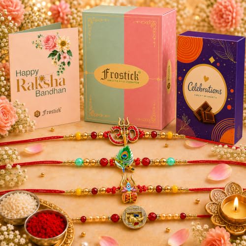 Image of Frostick Men's Rakhi Gift Set - 4 Designer Rakhis, 1 Celebrations Chocolates Pack, Roli Chawal, Greeting Card | Perfect Raksha Bandhan Chocolate Combo for Brother