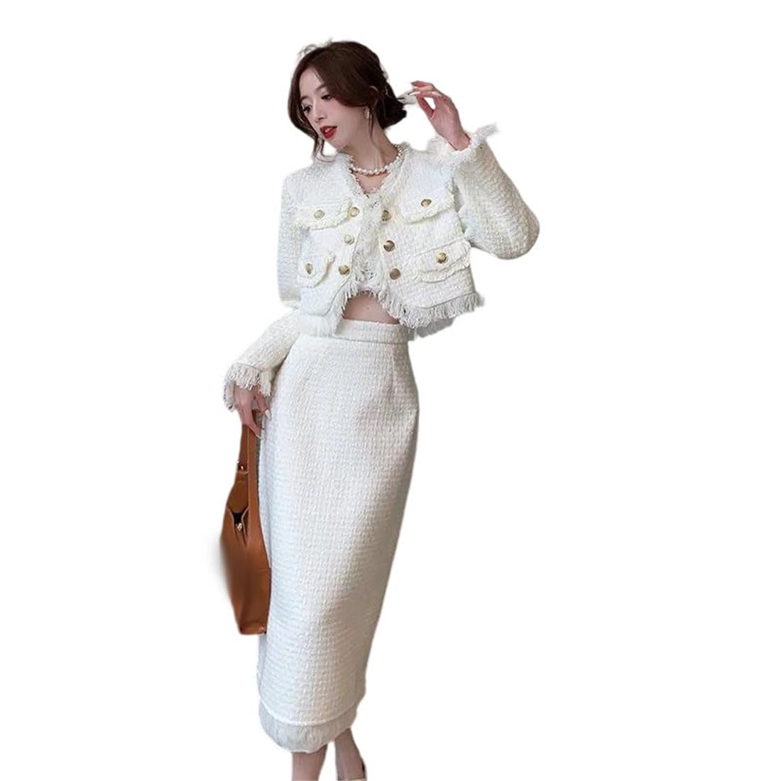 Pohullan Women Professional Suit Tweed Jacket Skirt Sequins Fall Business 2 Piece Skirt Suit