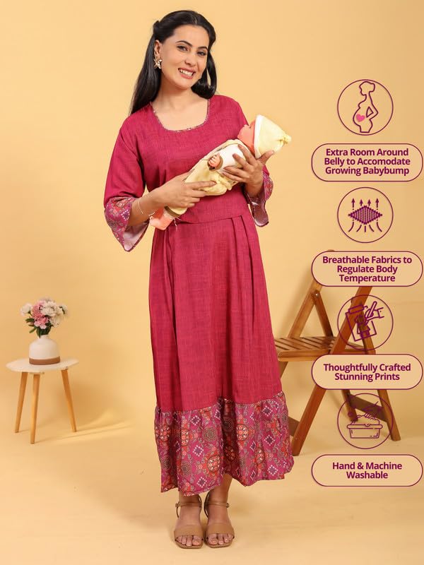 Image of RITIJYA Zipless Feeding Kurta Dress for Women | Maternity Nursing Kurti, No-Zip Easy Access | Extra Pleats Pre to Post Pregnancy | Quick-Dry Fabric | S-4XL