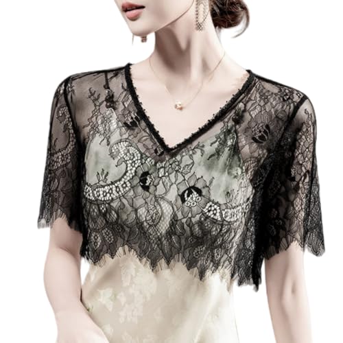 Image of Lace Detachable Round Neck Blouse Short Sleeve Dickey False Collar Half Shirt (Black,Large)