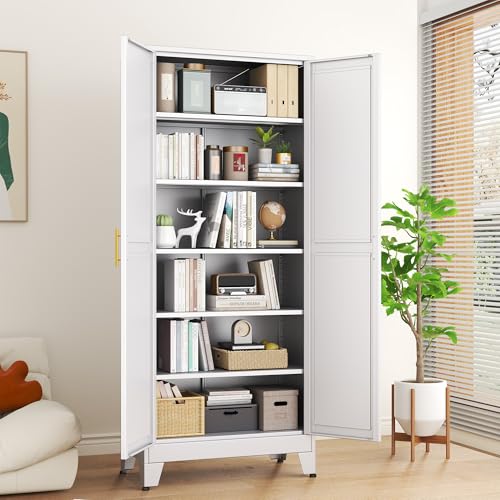 Image of White Metal Storage Cabinet,75 inch Steel Cabinets for Home Office | Kitchen Pantry Storage Cabinet with Doors and 5 Adjustable Shelves, Tool Cabinets, for Office, Home, Garage, School