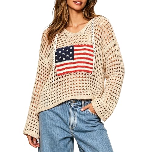 Image of Women's American Flag Crochet Sweater Long Sleeve Hollow Out Lightweight Knit Hoodie 2026 Summer Beach Cover Up Tops
