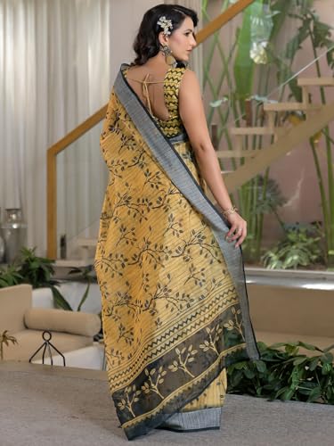 Image of Satrani Women's Linen Printed & Embroidery Ready To Wear Saree with Unstitched Blouse Piece