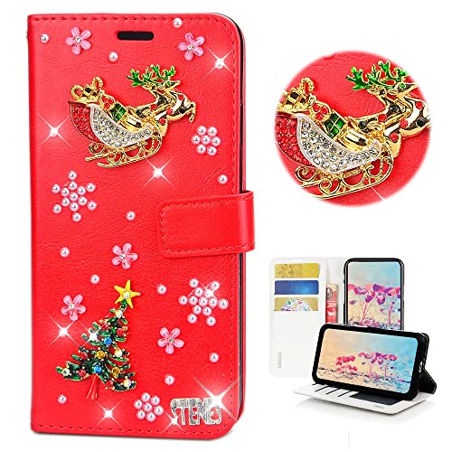 STENES Bling Wallet Phone Case Compatible with Moto G Power 5G 2024 Case - Stylish - 3D Handmade Christmas Tree Elk Gift Floral Magnetic Wallet Stand Girls Women Leather Cover - Red