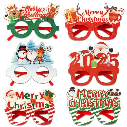 Marco genérico de gafas de navidad,2025 reno y santa,6 piezas lindas marcos de gafas para fiestas - para adultos hombres mujeres niñas cabina de fotos fiesta eventos y