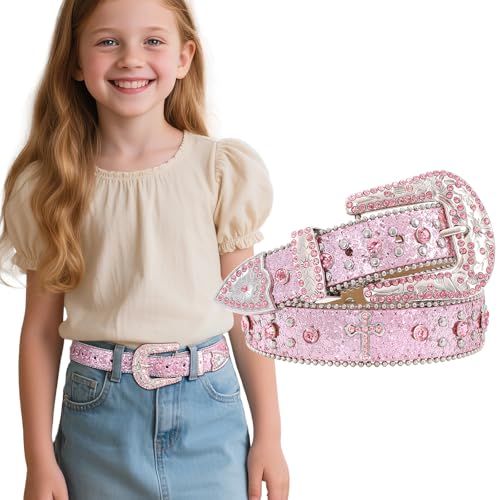 Kids Rhinestone Belt for Girls Boys Western Cowboy Cowgirl Belts Diamond Studded Bling Leather Belt for Kids