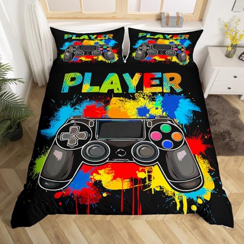 Homemissing Game Controller Duvet Cover 135x200cm Gamer Bedding Set for Teens and Boys Game Players Single Bedding Black Tie Dyed Comforter Cover Color Ink Decoration with 1 pillowcases