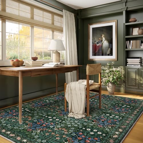 Image of Floral Dark Green Area Rugs 5x7, Soft Washable Non-Slip Low Pile Boho Rugs for Living Room & Bedroom, Stain Resistant Forest Farmhouse Large Carpet for Dining Room & Office