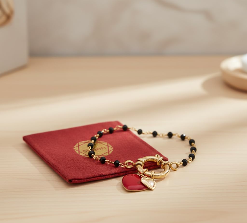 stylen Bracciale Donna con Grani Neri e Ciondoli Cuore in Acciaio, Braccialetto con Cuore Rosso Smaltato e Chiusura a Timone, Idea Regalo Elegante