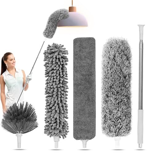 Image of Duster for Cleaning 5-in-1 Kit, 100 Inches Duster with Extension Pole, Extendable Duster, Microfiber Feather Duster, Cobweb Dusters for High Ceilings, Furniture, Blinds, Wall- Grey