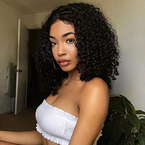 WIGNEE Curly Wigs Lace Closure 100% Brazilian Human Hair 4x4 Lace Closure Middle Part Wigs Natural Black (14 Inch)