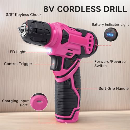 Tool Set - Tool Kit with 8V Cordless Drill, 132 Piece Tool Box with Drill, Home Tool Kits for Women & Men, Hand Drill Set Perfect for Homeowner, Diyer, Handyman - Pink