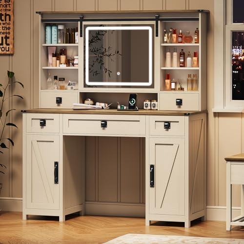 Farmhouse Makeup Vanity Desk with Sliding Mirror and Lights, 47.2