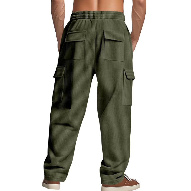 Mens Corduroy Pants Fall Casual Trousers Fashion Elastic Drawstring Waist Cargo Pants Comfy Loose Straight Legs3