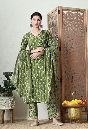 Image of Amazon Brand - Tavasya Women Cotton Anarkali Kurta Pant Dupatta Set | Printed Ethnic Suit Set | Flared Anarkali Kurta with Pant & Dupatta | Festive & Casual Wear