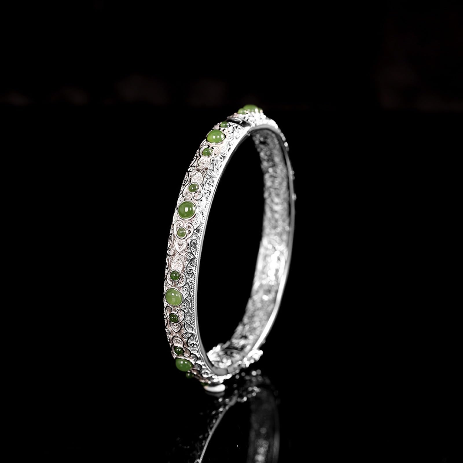 Braccialetti d'argento, braccialetti da braccialet Bracciale rigido traforato in argento sterling S925 con diaspro, artigianato tradizionale, accessorio perfetto for l'appuntamento