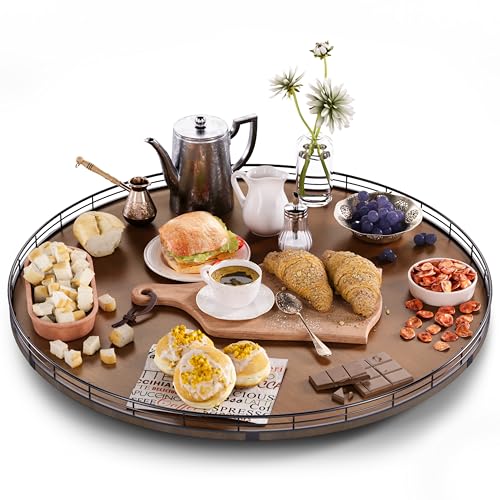 Image of Farmhouse Oak 24 inch Lazy Susan Turntable Organizer for Cabinet, Round Wooden Lazy Susan Organization and Storage for Dining Table, Pantry, Kitchen, Countertop, Cupboard,Home Decor, Walnut