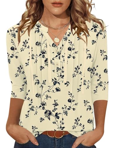 Rapbin 3/4 Length Sleeve Womens Tops Summer V Neck Lace Pleated Button Down Blouses Dressy Casual Elegant Tunic Shirts
