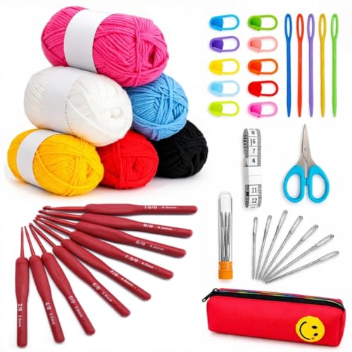 Image of Crochet Kit with Soft Grip Handles - Full Crochet Hook Set for Beginners & Yarn Lovers - Ergonomic Crochet Tools for DIY Craft & Gifting (RED Hook KIT NEW)