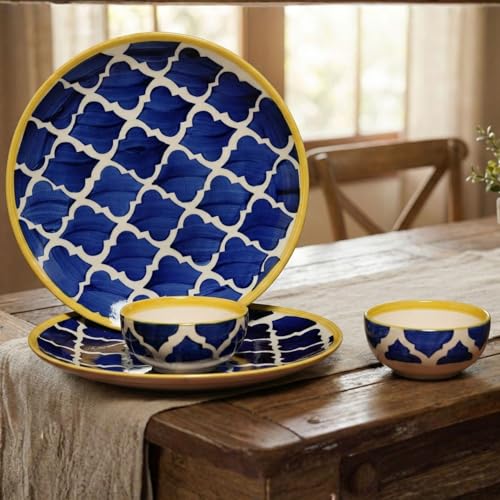 Image of Freakway Premium Moroccan Hand Glazed Dinner Set of 4 Pieces for Dinner with Bowls | 2 Dinner Plates and 2 Serving Bowl /katori | Microwave & Dishwasher Safe - Blue