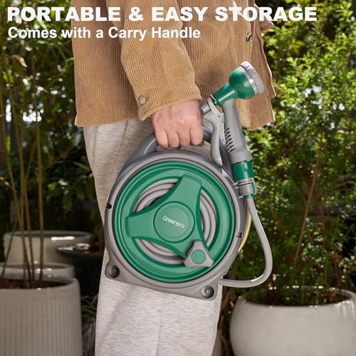 Image of Garden Hose Reel 14M, Compact & Portable Hose Pipe Reel with 7 Adjustable Spray Gun Nozzles, Manual Retractable Garden Water Hose Reel,Outdoor Flexible Hose Reel Set for Garden Patios and Balconies