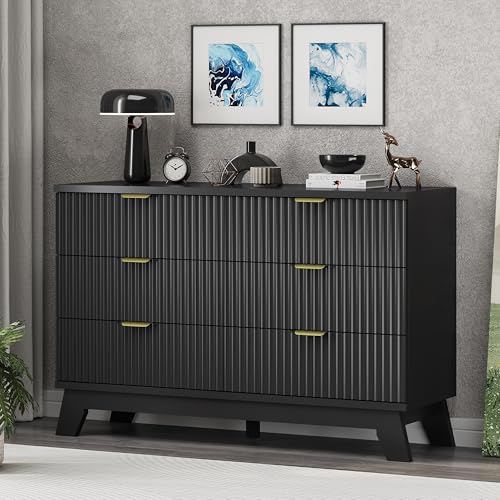 Image of Xixini Fluted Dresser for Bedroom with 6 Drawers, 48 inch Wide Wooden Chest of Drawers with Metal Handle, Modern Dresser TV Stand, Wood Closet Clothes Storage Organizer for Living Room, Hallway, Black