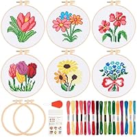 JSRQT 6 Sets Blumen Kreuzstich Starterset Anfänger, Kunst Näh Stickset für Erwachsene Kinder, Nadelspitzen Stickset Handgemachtes Stickerei Set mit 2 Stickrahmen für Bastelliebhaber Stickereibedarf