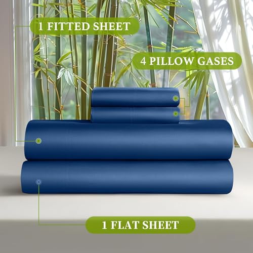 Shilucheng 100% Viscose Derived from Bamboo_ Sheets Cal King Size 6pcs - Ultra Cooling & Silky Soft Bed Sheets, 16" Deep Pocket, Perfect for Hot Sleepers, Hotel Bedding Sheets (Navy Blue)