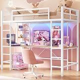 Hasuit Twin Size Loft Bed with Desk U-Shaped | Heavy Duty Metal Frame & Built-in Charging Station | RGB APP-Controlled LED Lights, Safety Guardrails + Open Shelves | No Box Spring Needed, White