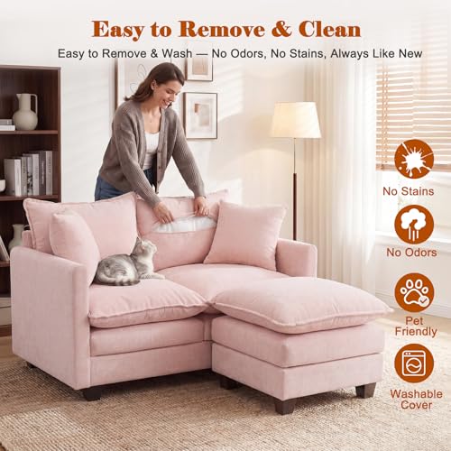 Image of 50'' Loveseat Sofa Set with Ottoman, Small Couch Set 2 Piece Cloud Love Seat 27 inch Deep Seat Washable Pillows Couches for Small Spaces Apartment Living Room, Pink