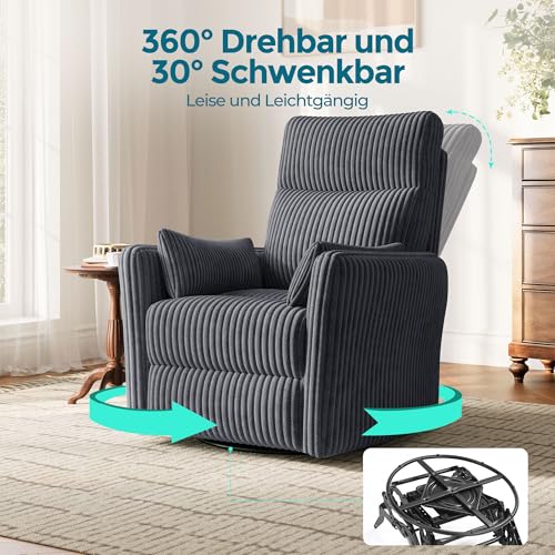 LINSY HOME 360 Swivel Nursery Relaxsessel, Corduroy TV Sessel mit 2 Kissen, Komfortabler High Back Sessel mit Liegefunktion für Kleine Räume, Kinderzimmer, Schlafzimmer, Wohnzimmer, Grau
