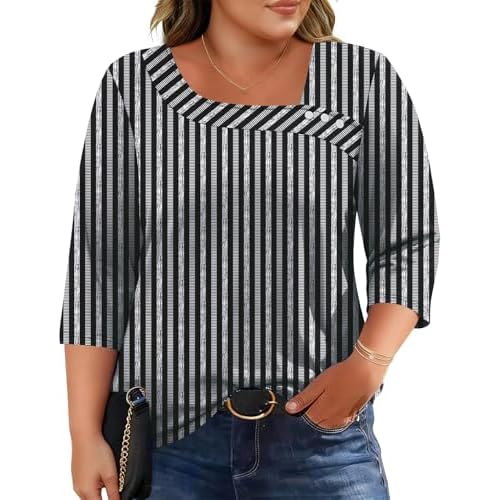 LOMON Womens Plus Size Tops 3/4 Length Sleeve T Shirts Asymmetrical Neck Blouses for Women Fashion 2026