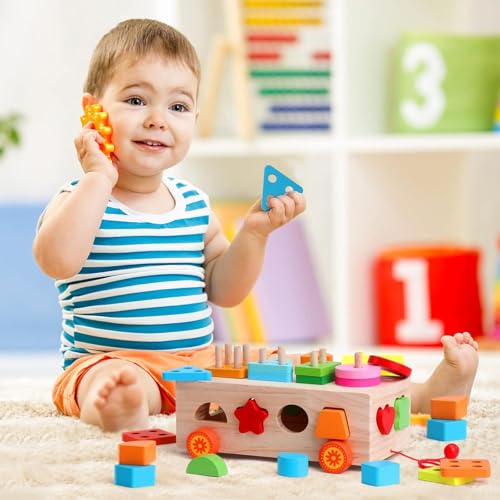 Image of SHINETOY Wooden Puzzle, Stacking, Shape Matching, Inlay, Toys, Montesorry, Stick Passing Blocks, Wooden Car Toy, for Children 1 Years, 2 Years, 3 Years, Boys, Girls, Babies, Shape Recognition