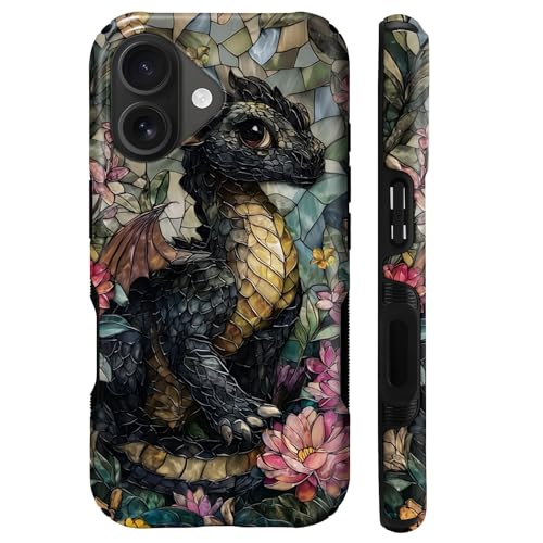 Coque iPhone 17 MagSafe antichoc double couche en silicone design dragon noir vitrail