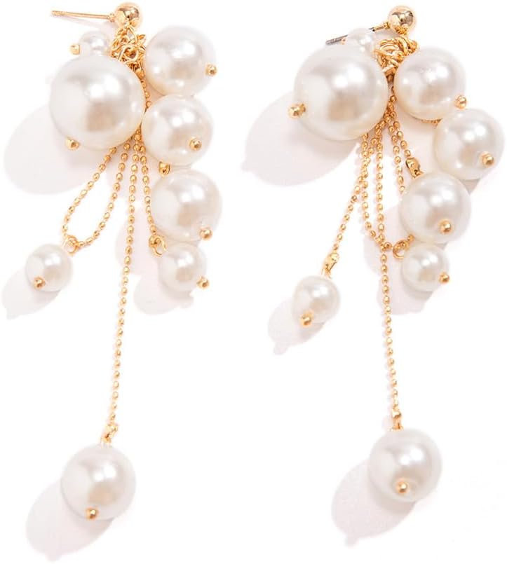 Statement Beaded Pearl Dangling Earrings for Women, Cute Gold Beads Pearls Drop Dangle Earring Long Tassel Stud Y2K Prom Party Jewelry Aesthetic Gift - Image 9