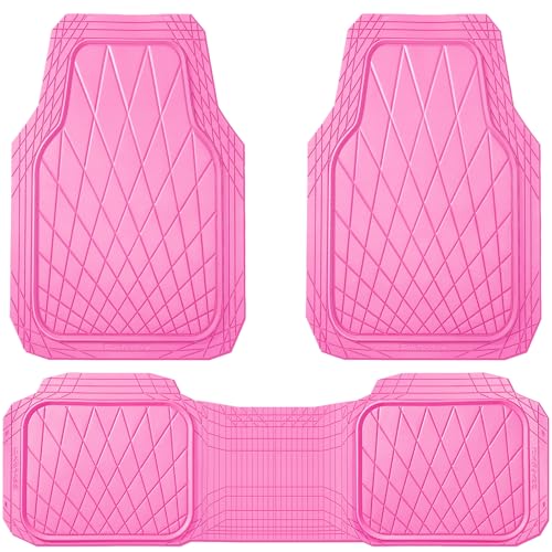 CAR PASS Heavy Duty Rubber Car Floor Mats Deep Dish All Weather Car Mats Full Set 3 Piece Waterproof Premium Anti-Slip Floor Mats Rugs Universal Trim to Fit for 95% Sedan SUV Van Truck Pink