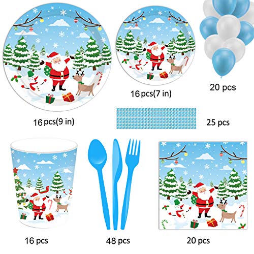 Christmas Party Supplies, 161PCS Christmas Disposable Dinnerware Set Includes Serving 16 People Dinner Plates, Napkins, Cups, Straws and Balloons, Suitable for Christmas and New Year Party Tableware - Thumbnail 2
