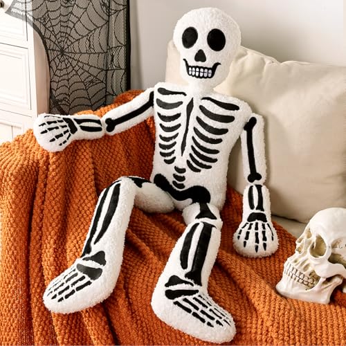 Halloween Decorations Plush Throw Pillows: Cute Teddy Fleece Skeleton Throw Pillow Stuffed Skull Human Skeleton Cushion Halloween Decorations Indoor for Kids Home Sofa Bed Office Couch Living Room