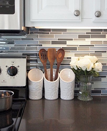 iEnjoyware Kitchen Tool Crock (4 Pieces) - 3 Ceramic Utensil Holders (4" Dia x 7" H each) & 1 Metal Caddy - White & Embossed Design