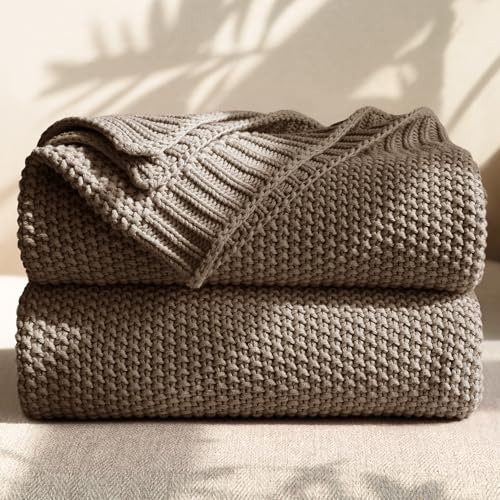 blunique 100% Cotton Cable Knit Throw Blanket Lightweight Soft Knit Blanket for Sofa Couch Bed Breathable All-Season Throw Cozy Decorative Blanket 50 x 60 Inch Taupe
